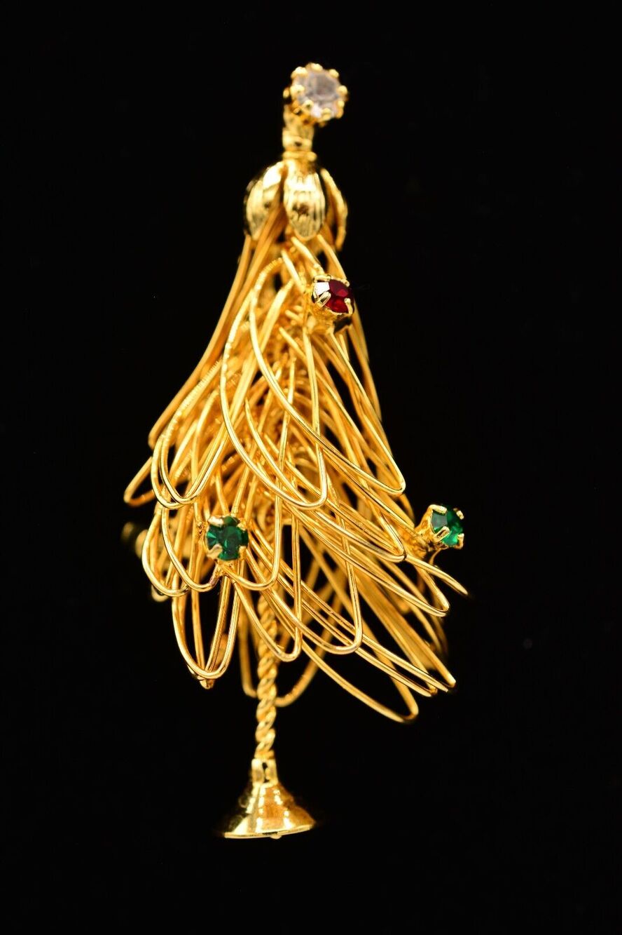 Vintage Christmas Tree Pin Rhinestone Crystal Brushed Gold Wired 3D 1980s BinAH